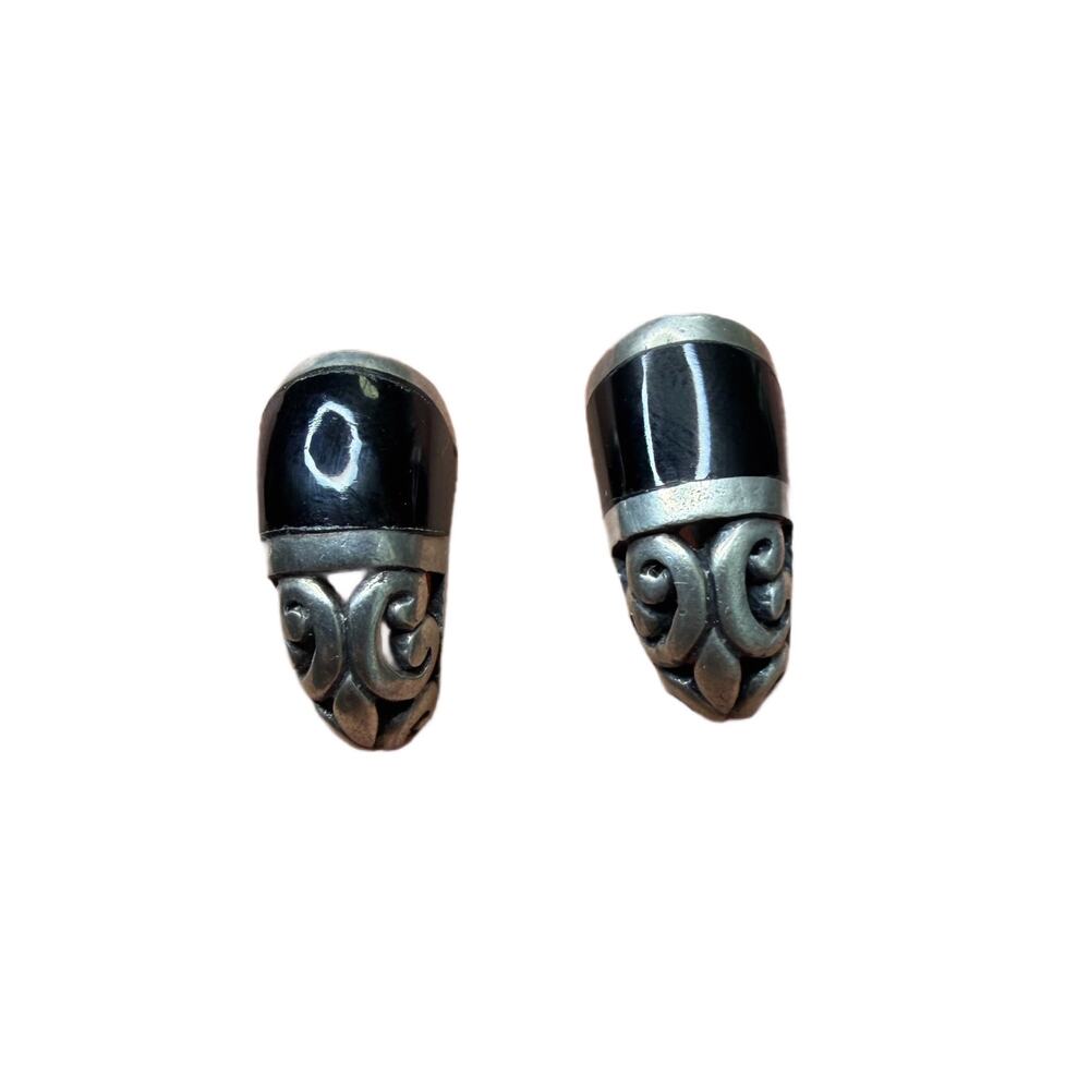 Sally C Treasures Sterling 925 scrollwork  onyx inlay stud/hoop